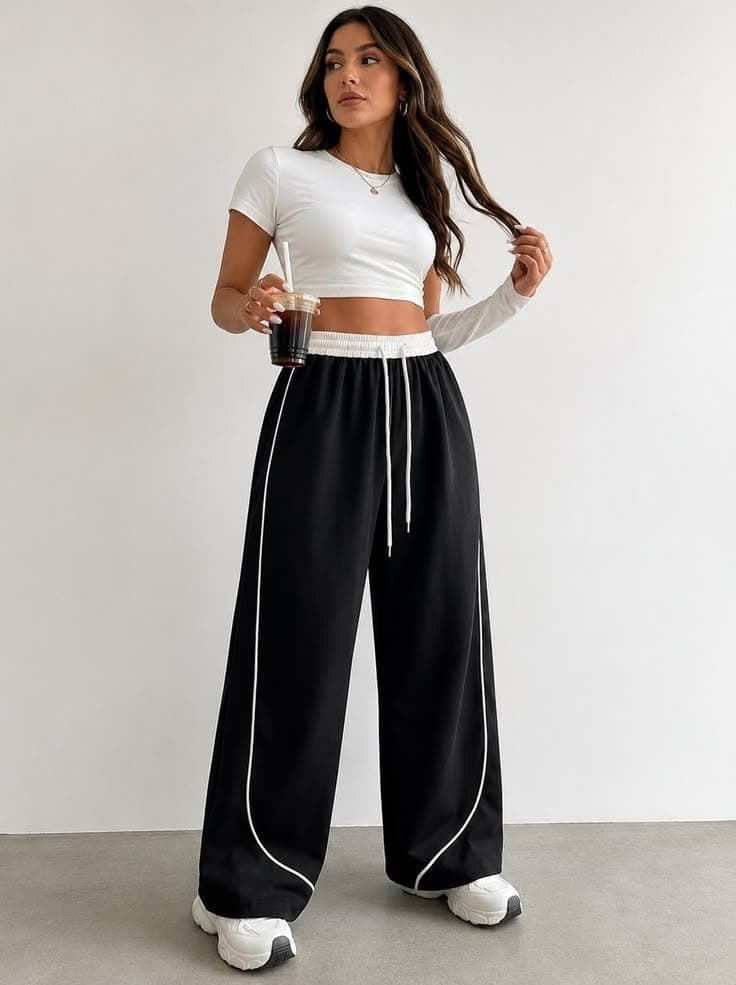 Contrast Waistband Wide-Leg Athleisure